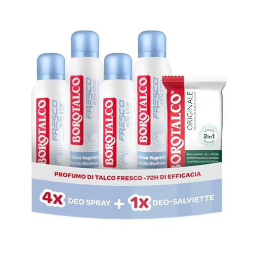Offerta a tempo: Deodorante spray effetto talco, freschezza intensa fino a 72h 150ml. Borotalco® - Deo-Salviette Originale 2in1 detergenti e deodoranti arricchite con molecole anti-odore - 0.00% da 21.99 € a 21.99 €