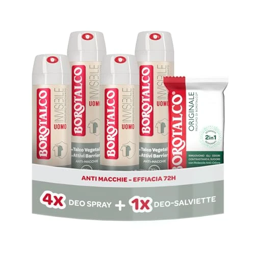 Offerta a tempo: Borotalco, Deodorante Uomo Spray Invisibile 4x150 ml, Deo-Salviette 2in1 - 40% da 21.99 € a 13.19 €