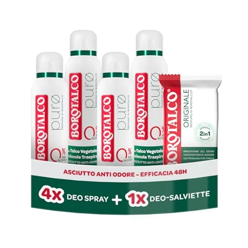 Offerta a tempo: Borotalco, Deodorante Spray Puro 4x50ml, Deo-Salviette Originale 2in1 - 40% da 21.99 € a 13.19 €