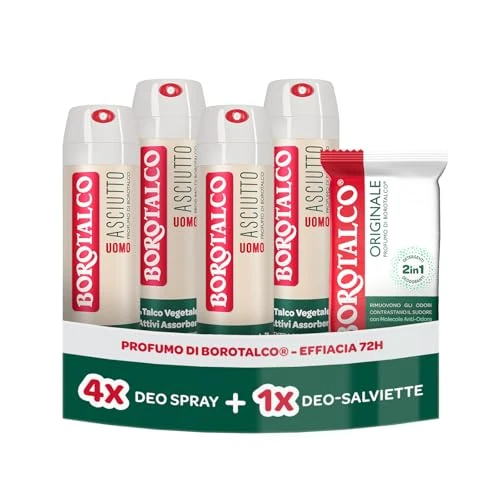 Offerta a tempo: Borotalco, Deodorante Uomo Spray Asciutto 4x150ml, Deo-Salviette Originale - 40% da 21.99 € a 13.19 €