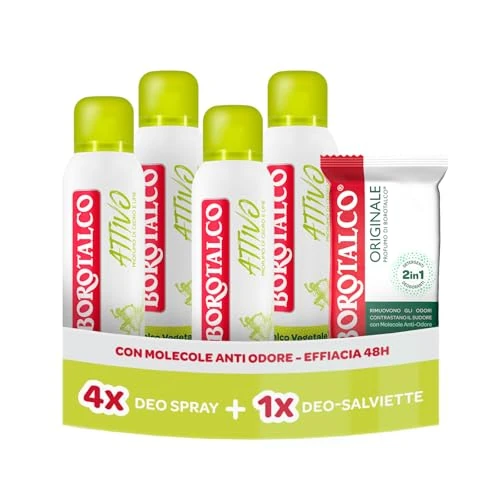 Offerta a tempo: Borotalco, Deodorante Spray Attivo 4x50ml, Deo-Salviette Originale 2in1 - 40% da 21.99 € a 13.19 €