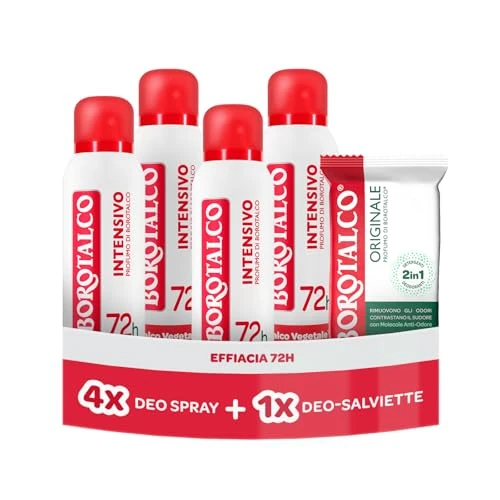 Offerta a tempo: Borotalco, Deodorante Spray Intensivo 4x150ml, Deo-Salviette Originale - 50% da 21.99 € a 11.00 €