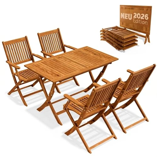 Offerta a tempo: Casaria Tavolo e 4 Sedie con Braccioli da Giardino in Legno di Acacia - 18% da 259.99 € a 212.45 €
