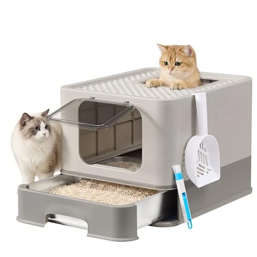 Offerta a tempo: Feandrea Lettiera per Gatti in Acciaio Inox, Cassetta per Lettiera con Vassoio Estraibile, Paletta, Spazzola, 2 Ingressi, per Gatti Fino a 15 kg, Grigio Chiaro e Grigio Scuro PPT004G101 - 23% da 42.99 € a 33.00 €