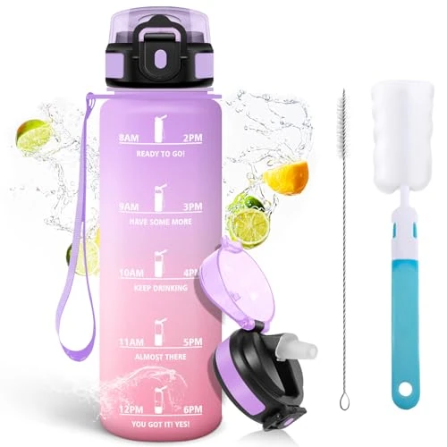 Offerta a tempo: Mulbijeo Borraccia 1 Litro, Libre de BPA & A Prova di Perdita, con Cannuccia, Reutilizables, Borraccia Motivazionale, Spazzola di Paglia, Spazzola A Spugna, Palestra per Scuola, Palestra, Ufficio - 15% da 12.99 € a 10.99 €