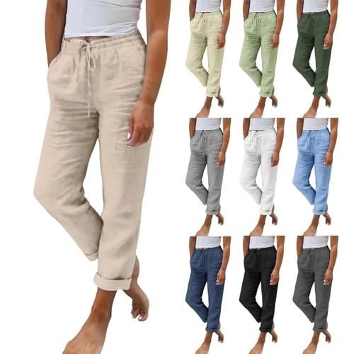 Fccrian Pantalones de mujer de verano, pantalones de lino de algodón anchos de verano, bolsillos de pierna, cordón de color liso, elegantes pants transpirables, pantalones palazzo mujer de verano