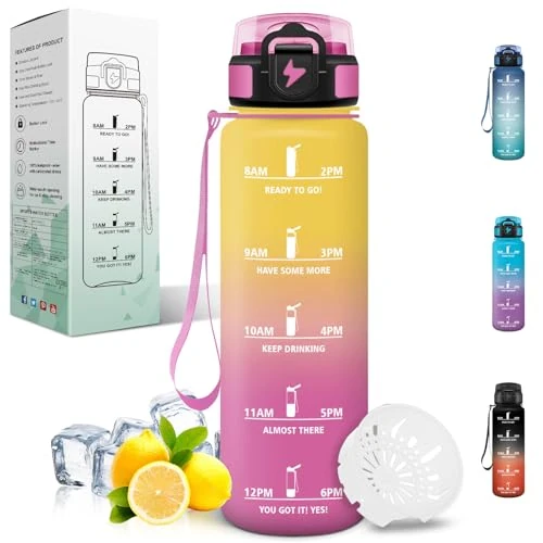 Offerta a tempo: Motswedi Borraccia 1 Litro, con Filtro, Borraccia Palestra, a Prova di Perdite, Bottiglia acqua, Motivazionale, Borracce 1 litro, per Palestra, Escursionismo, Ciclismo, Giallo & Rosa - 15% da 10.99 € a 9.39 €