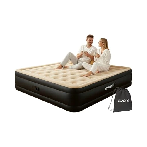 AVENLI Double Inflatable Mattress 203 x 157 x 47 cm, Self-Inflating Inflatable Bed for 2 People with Integrated Electric Pump, Mattress for Camping and Guest Bed, Coil-Beam, Beige