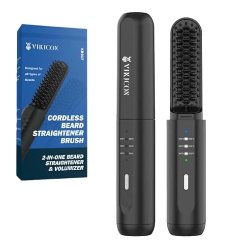 Offerta a tempo: VIKICON - Pettine lisciante per barba da uomo, senza fili, 3 livelli di temperatura regolabili, spazzola ionica ricaricabile, per capelli e barba, anti-scottatura, portatile (nero) - 24% da 57.44 € a 43.64 €