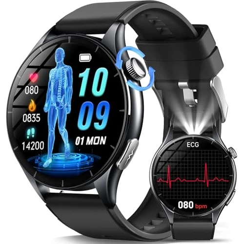 Zeitlich begrenztes Angebot: 2026 Smartwatch Herren mit EKG/Blutdruck/BMI/HRV/Harnsäure/Emotion/Stimmung/LED-Licht, 1,56" AMOLED Rund Gesundheitsuhr mit SpO2/Körpertemperatur/Pulsuhr/Schlaf, SOS-Notruf Fitnessuhr für iOS Android von 99.99 € auf 84.99 € (1