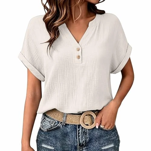 Offerta a tempo: RUIRUILICO Maglietta Donna Estiva Scollo a V Top Arrotolabili Maniche Corte Casual Eleganti T Shirt Taglie Forti Leggere Bottone Camicie Basic di Lino Tinta Unita - 0.00% da 14.99 € a 14.99 €