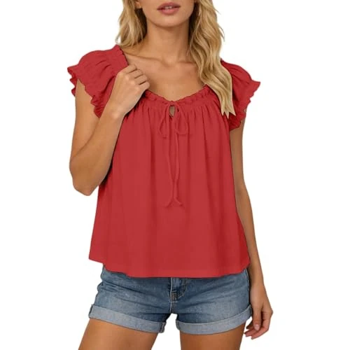 Offerta a tempo: RUIRUILICO Maglietta Donna Estiva Girocollo T-Shirt Corti a Maniche Corte Volant Casual Top con Coulisse Eleganti Carino Leggere Tinta Unita Camicie Basic - 0.00% da 21.98 € a 21.98 €