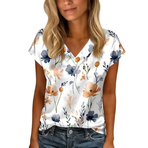 Offerta a tempo: RUIRUILICO T Shirt Donna in Raso Scollo a V Stampa Floreale Maglietta Estive a Maniche Corte Eleganti Top Casual Business Taglie Forti Bluse a Tunica - 0.00% da 17.98 € a 17.98 €