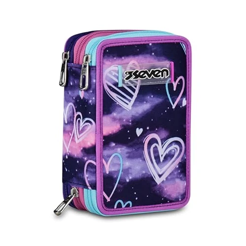 Zeitlich begrenztes Angebot: Seven Federmäppchen Kinder, Mäppchen Mädchen mit Inhalt, Federtasche Schule 3 Fächer, Schüleretui, groß mit Blei- und Filzstiften, violett/schwarz von 32.90 € auf 32.90 € (0.00% Rabatt)