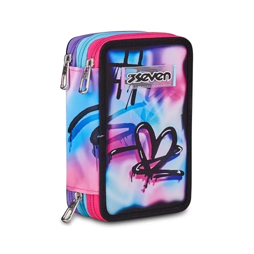 Zeitlich begrenztes Angebot: Seven Federmäppchen Kinder, Mäppchen Mädchen mit Inhalt, Federtasche Schule 3 Fächer, Schüleretui, groß mit Blei- und Filzstiften, rosa/schwarz von 32.90 € auf 32.90 € (0.00% Rabatt)