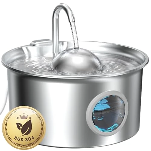 Cat Water Fountain for Drinking: Stainless Steel Cat Fountain - 2.6L Water Fountains Cats Bowl - Pet Dispenser - Drinking Fountains for Cats with Visible Level Window - Dog Dispenser Ultra Quiet