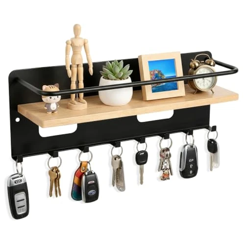 Offerta a tempo: VINATO Portachiavi da Parete Nero con Ripiano & 8 Ganci, Portachiavi da Muro in Ferro+Bambù, con Viti, Portalettere per Ingresso, Corridoio, Cucina, Casa (34x10x10cm) - 0.00% da 17.99 € a 17.99 €