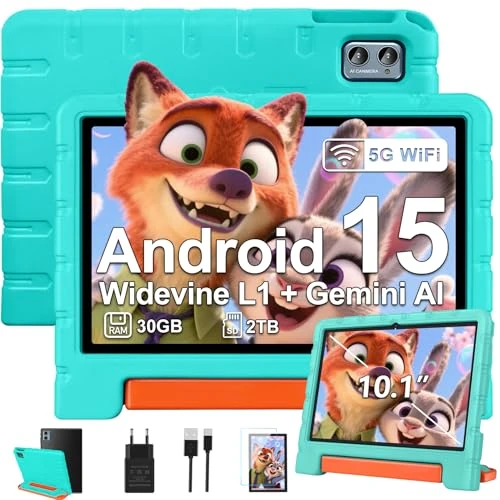 Offerta a tempo: ZIOVO Tablet Bambini 10 Pollici Tablets Android 15, 30GB RAM+64GB ROM(TF 2TB), 5G WiFi Tablets,Gemini AI/Octa-Core/Widevine L1/Face ID/Parentale Controllo/6000 mAh/BT 5.0, Tablet con Eva Caso-Verde - 45% da 199.99 € a 109.99 €