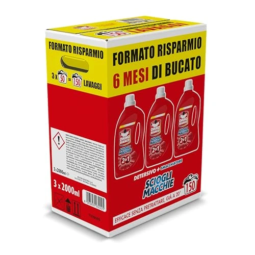 Offerta a tempo: Omino Bianco - Detersivo Lavatrice Liquido Scioglimacchie 2in1, 150 Lavaggi, Rimuove Macchie Difficili, Rispetta Bianchi e Colorati, 2000 ml x 3 Confezioni - 33% da 19.40 € a 12.99 €