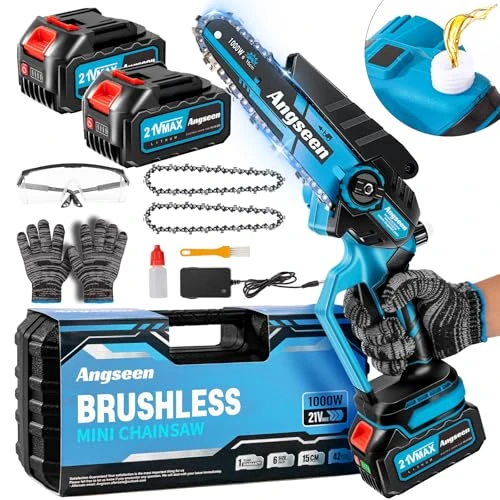 Offerta a tempo: Mini Motosega a Batteria per Potatura con 1000W Motore Brushless, 2*4000mAh Batterie, Manopola Regola Subito la Tensione Della Catena,6 Pollici Sega Con Pompetta Olio per Il Taglio del Legno Giardini - 0.00% da 89.99 € a 89.99 €