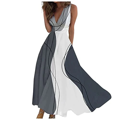 MOKBAY Vestidos de Verano Mujer Cuello en V Sin Mangas Simple Playa Moda Vestido De Verano Mujer Chic Corto 2026 Casual Verano Elegante Vestido, Dark Gray, L