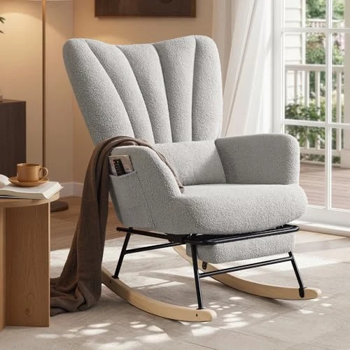 SONGMICS Silla Mecedora, con Reposapiés Retráctil, Patas de Madera