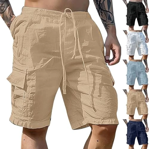 Offerta a tempo: Generico Pantaloni Corti Uomo Cotone E Lino Pantaloncini Uomo Estivi con Tasche Multiple Bermuda Spiaggia con Vita Elasticizzata E Coulisse Traspirante Pantaloni Corti Mare Leggera Shorts per Vacanza - 0.00% da 19.98 € a 19.98 €