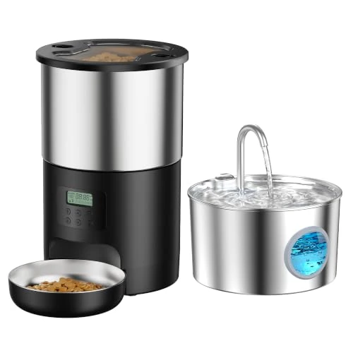 Offerta a tempo: Fontanella per Gatti e Distributore Cibo Gatti: Acciaio Fontana Per Gatti e Dispenser Cibo Gatto Automatico - 2.2L Dispenser Acqua Gatto Silenzioso - 5L Mangiatoia per Cani Timer Programmabile 4 Pasti - 0.00% da 69.99 € a 69.99 €