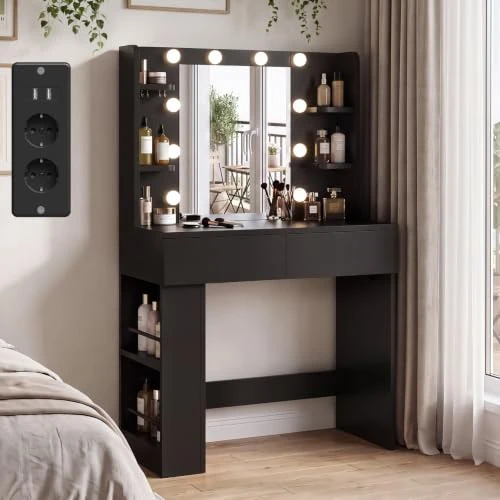 Offerta a tempo: JUMMICO Toeletta con Specchio LED, Luminosità Regolabile, Tavolo da Trucco 90 cm con 2 Grandi Cassetti, 6 Ripiani Aperti, Vano Laterale, Mobile per Camera da Letto (Nero, LED Lighting + Multipresa) - 0.00% da 94.99 € a 94.99 €