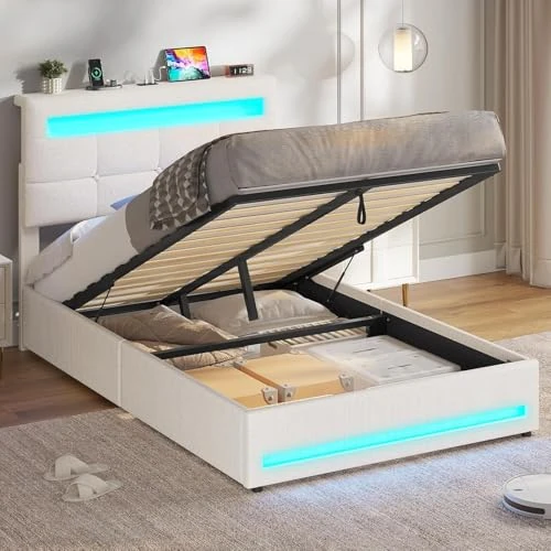 Offerta a tempo: AOGLLATI Letto Singolo con Contenitore, Struttura Letto Singolo con Vano Contenitore Idraulico e Testiera Regolabile, Letto Singolo 90x200 cm con Illuminazione LED e Stazione di Ricarica, Beige - 17% da 179.99 € a 149.99 €