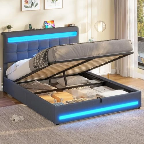 Offerta a tempo: AOGLLATI Letto Matrimoniale Contenitore 140x200 cm, Struttura Letto con Vano Contenitore Idraulico e Testiera Regolabile, Letto Matrimoniale con Illuminazione LED e Stazione di Ricarica, Grigio Scuro - 35% da 169.99 € a 109.99 €