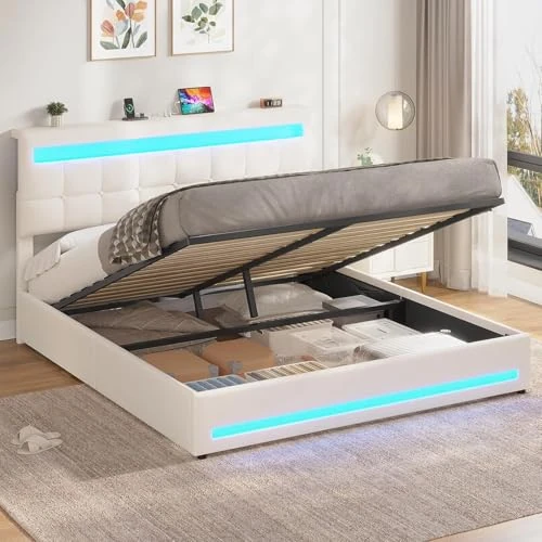 Offerta a tempo: AOGLLATI Letto Matrimoniale Contenitore 160x200 cm, Struttura Letto con Vano Contenitore Idraulico e Testiera Regolabile, Letto Matrimoniale con Illuminazione LED e Stazione di Ricarica, Beige - 20% da 199.99 € a 159.99 €