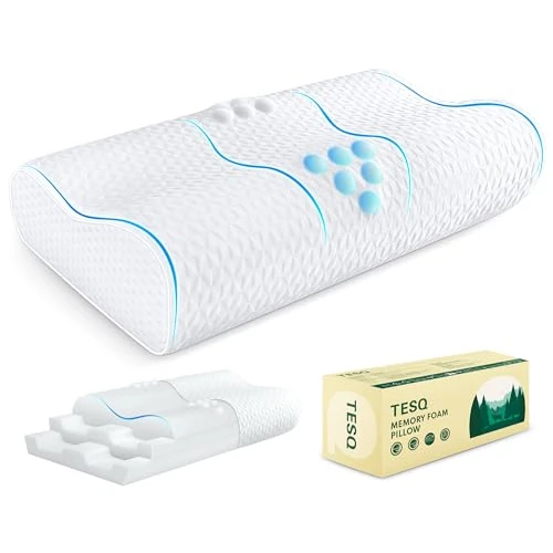 Offerta a tempo: TESQ Cuscino cervicale ergonomico - Cuscino in memory foam con altezza regolabile, progettato per adattarsi alle curve naturali e favorire la dissipazione del calore - 0.00% da 69.99 € a 69.99 €