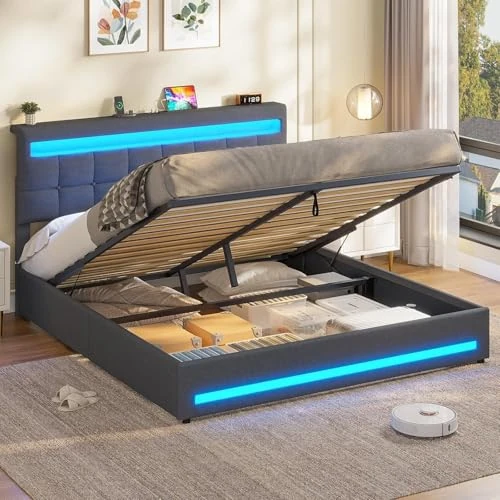 Offerta a tempo: AOGLLATI Letto Matrimoniale Contenitore 160x200 cm, Struttura Letto con Vano Contenitore Idraulico e Testiera Regolabile, Letto Matrimoniale con Illuminazione LED e Stazione di Ricarica, Grigio Scuro - 11% da 179.99 € a 159.99 €