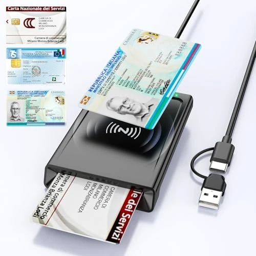 Offerta a tempo: Lettore CIE 3.0 Carta d'Identità e Tessera Sanitaria,USB-A + USB-C Lettore Smart Card Firma Digitale,Lettore Carta Identita Elettronica Contatto e Contactless CIE/CRS/CNS Smart Card NFC per Windows - 14% da 43.99 € a 37.72 €