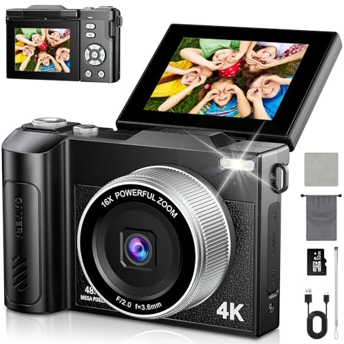 Offerta a tempo: 4K Macchina Fotografica 48MP Autofocus Fotocamera Digitale Compatta 2.8'' Schermo Flip 180° con Zoom 16X Vlogging Camera con 32G Scheda per Adolescenti Principianti Adulti (Nero) - 49% da 89.99 € a 45.58 €