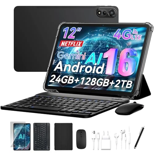 Offerta a tempo: 2026 Tablet Android 16,Tablet 12 Pollici con Tastiera,4G LTE+5G WiFi,24GB RAM+128GB ROM,Octa-Core Tablets con Penna/Mouse per lavoro e studio,9000mAh,WideVine L1/Gemini AI/GPS/Face ID,Garanzia 4 Anni - 0.00% da 399.99 € a 399.99 €