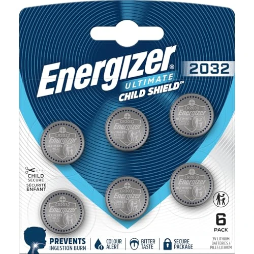Offerta a tempo: Energizer Ultimate Child Shield CR2032 (Confezione da 6) – Pile a Bottone 3V – Prima Batteria al Mondo con Protezione contro le Ustioni da Ingestione – Sicurezza 4-in-1 e Tecnologia Colour Alert - 16% da 11.89 € a 9.99 €