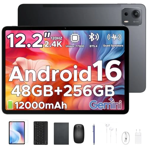 Limited-time offer: Easerush P12 Plus 12 Inch Tablet Android 16, 2.4K 120Hz, 48GB RAM+256GB ROM/TF 2TB, 12000mAh/18W, T7300 Octa-core, 5G WiFi, 8MP+13MP, Gemini AI, Face ID, OTG, Tablet with Keyboard/Pen/Headphone, Black from 319.99 £ to 319.99 £ (save 0.