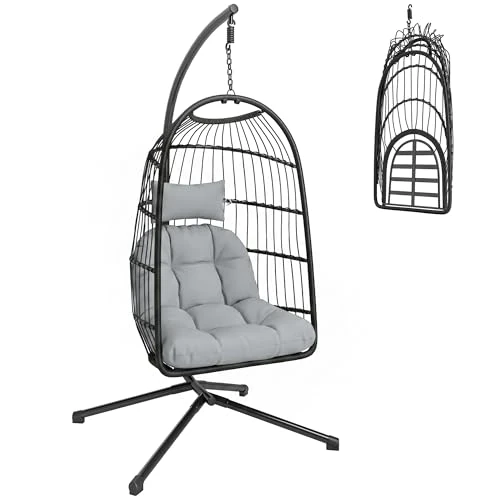 Offerta a tempo: Outsunny Poltrona Sospesa a Uovo in Rattan con Telaio in Metallo, Sedia Sospesa da Esterno Pieghevole con Altezza Regolabile, Cuscino, Poggiatesta, Base X, per Interni Esterni Giardino, Grigio Chiaro - 0.00% da 113.95 € a 113.95 €