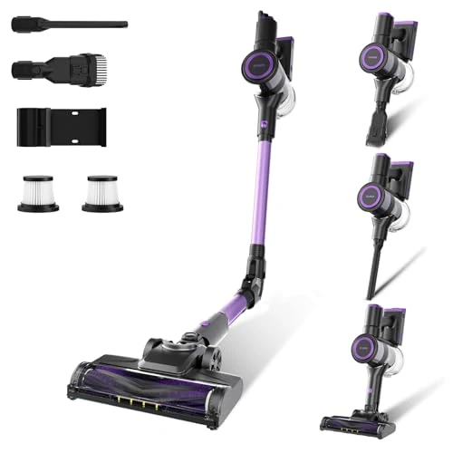 Offre limitée : Stanew Aspirateur Balai sans Fil, 45Kpa Puissant, 550W Moteur sans Balais, Pliable à 180°, 30Min Autonomie, Filtration HEPA, LED, pour Poils d'animaux Tapis Voiture Sol Dur Canapés, Violet, sans Sac de 94.99 € à 84.99 € (11% de remise)