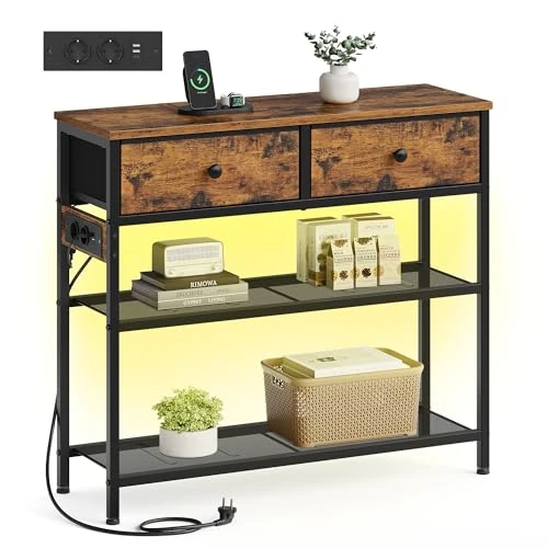 Offerta a tempo: SONGMICS BELLAH Collezione - Consolle Ingresso con Multipresa, Tavolo dietro Divano con LED, Tavolo Ingresso, Soggiorno, 30 x 76,7 x 78,7 cm, 2 Cassetti in Tessuto, Marrone Vintage LGS175K102 - 0.00% da 57.99 € a 57.99 €