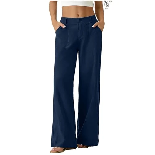 Offerta a tempo: HAOLEI Pantaloni Donna Estivi Larghi Eleganti Elastico Vita Alta Pantaloni Lino Donna Larghi Curvy Leggeri e Comodi a Gamba Larga Casual Yoga Pantalone Gamba Dritta con Tasche per Business Ufficio - 5% da 14.99 € a 14.24 €