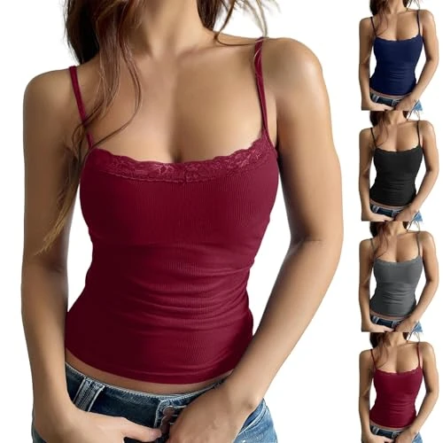 Offerta a tempo: Canotta Donna Cotone Costine, Canottiera Donna Elegante Con Pizzo, Top Estivi Y2K Leggera Slim Fit Tops Casual Tank Top Spallina Sottile Blusa Elasticizzata Sottogiacca Sexy Shirt Corto Camicia - 0.00% da 9.98 € a 9.98 €