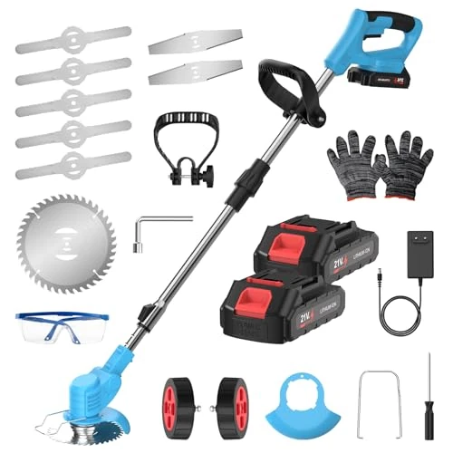 3-in-1 21 V Lawn Trimmer with Battery, Lawn Edge Cutter, Battery Grass Trimmer with Charger, Lawn Trimmer Without Thread, 7800 rpm, Telescopic Handle as Edge Cutter (2 Batteries)