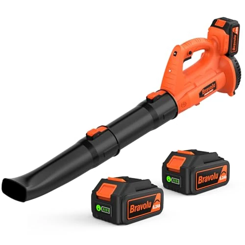 Offerta a tempo: Soffiatore a Batteria, Bravolu Soffiatore Foglie Elettrico, con Batteria da 2 x 5,2 Ah e Caricabatteria, Velocità Aria Max Regolabile 240 km/h, 20000 RPM con 6 Velocità Regolabili, Ugelli a 2 Sezioni - 10% da 99.99 € a 90.24 €