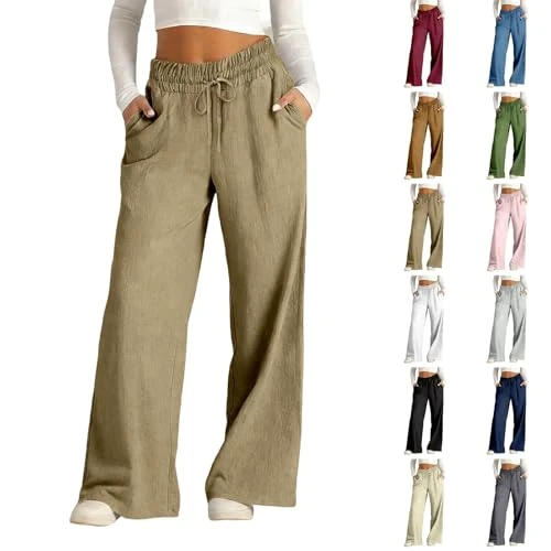Offerta a tempo: Pantaloni Larghi Donna Estivi Casual Pantaloni Lino Leggeri Elastico in Vita Elegante Baggy Linen Pants Pantalone da Spiaggia Sportivo Lavoro Vita Alta Pantalone con Coulisse Gamba Larga 2026 - 0.00% da 34.99 € a 34.99 €
