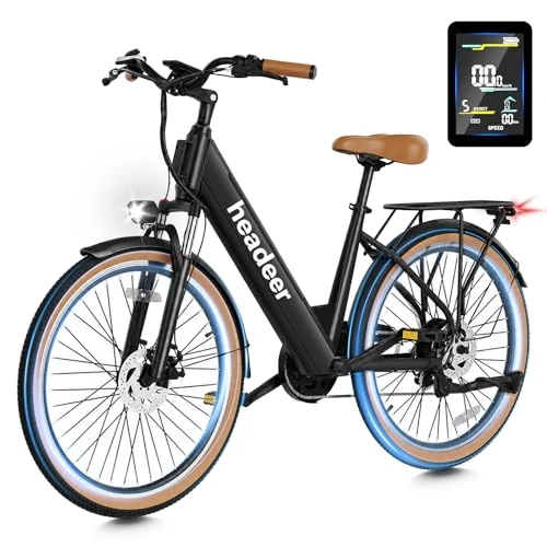 HEADEER BD26195 Elektrische fiets, 26 inch, voor volwassenen, afneembare accu, 48 V, 11,5 Ah, looptijd 80 km, urban e-bike met kleurendisplay, 7 snelheden en verende vork met vergrendeling, voor