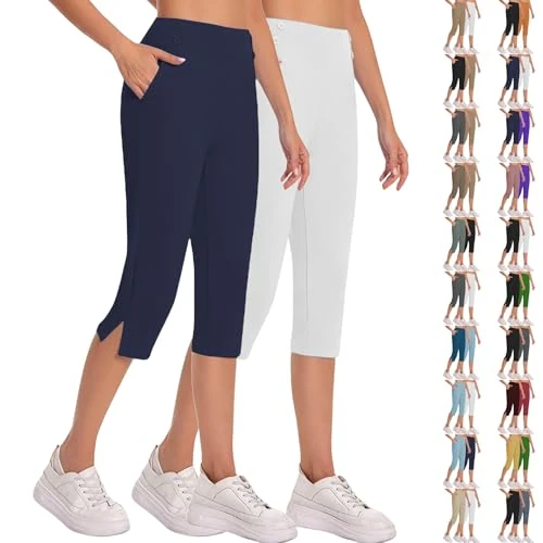 Offerta a tempo: Maskjuwio Pantaloni Yoga Donna Estivi Capri Set di 2 Pezzi Pantaloni Comodi 3/4 con Vita Alta e Tasche Sportivi Pantaloncini Bermuda Cargo Shorts Estivi A Vita Alta Gamba Larga Short Corti da Lavoro - 0.00% da 39.98 € a 39.98 €