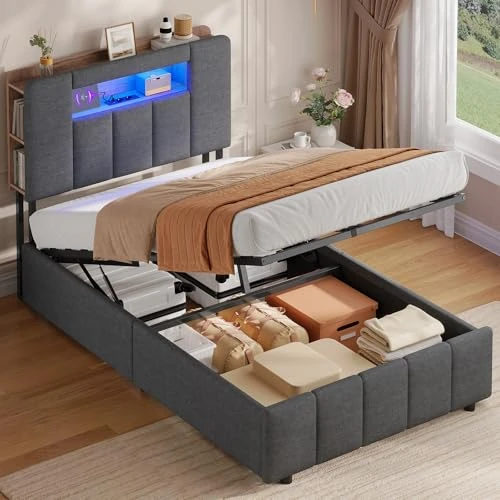 Offerta a tempo: AGOLLATI Letto Singolo con Contenitore 90x200 Struttura Letto Singolo con LED e Stazione di Ricarica, Letto Contenitore Idraulico Struttura Letto Imbottito con Testiera Moderno Semplice Grigio Scuro - 0.00% da 149.99 € a 149.99 €